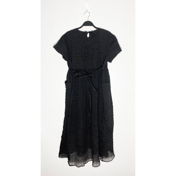 Imakokoni Women's Black Midi Tie Back Layered Textured Dress Pockets Minimalist - Picture 2 of 10